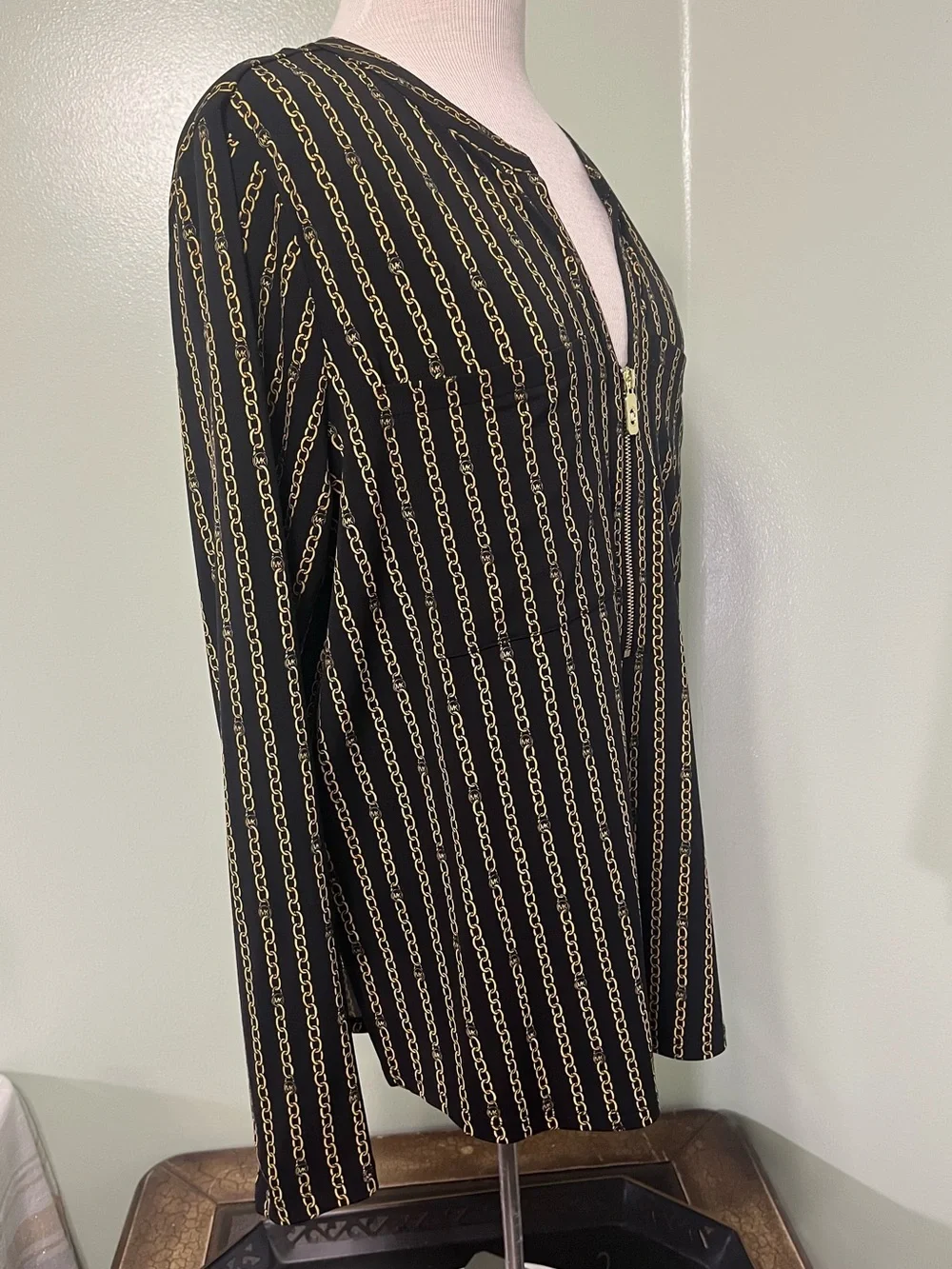 Michael Kors Black Long-Sleeve Tunic with Gold Chain Stripe XXL